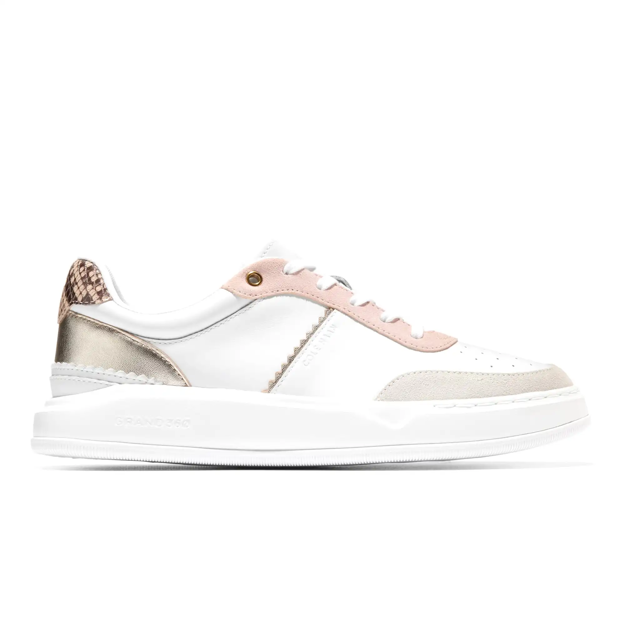 W32400_A Grandpro Carissa Sneakers White Silver Birch Suede Soft Gold Cameo Rose Snake Print – Image 1